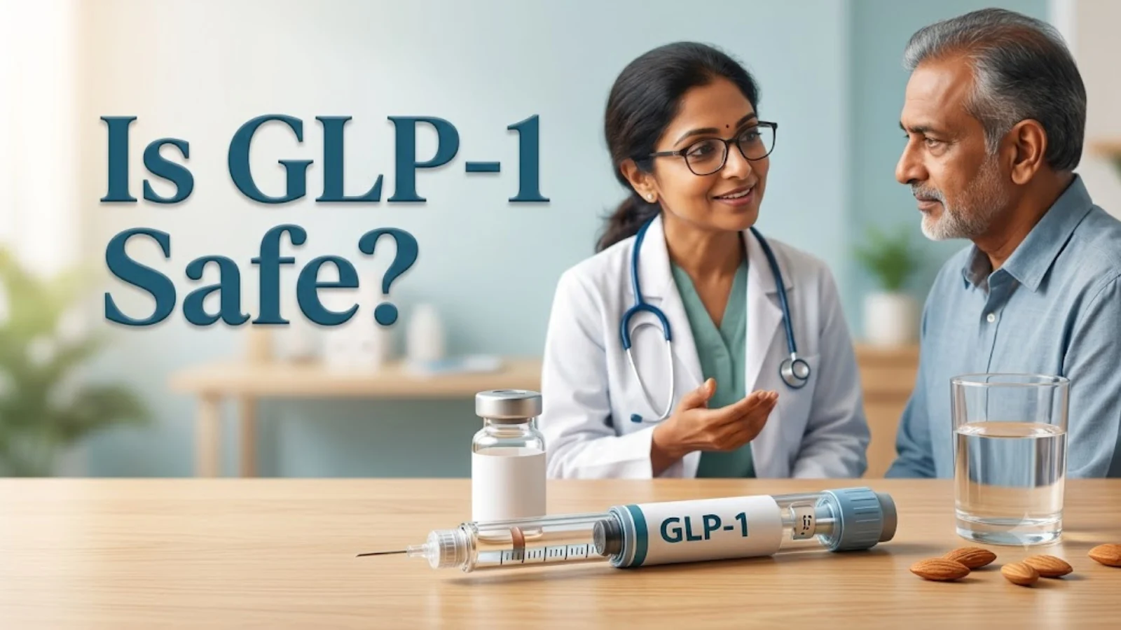 An Indian doctor explaining GLP-1 treatment to an older male patient across a table holding a vial and an injector pen, titled Is GLP-1 Safe?