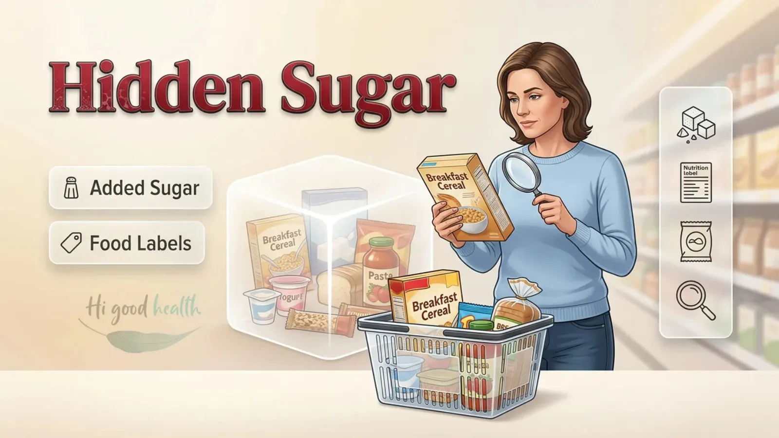 The Sugar You Never See 2 Woman using a magnifying glass to read a cereal label beside a basket of packaged food, headed Hidden Sugar