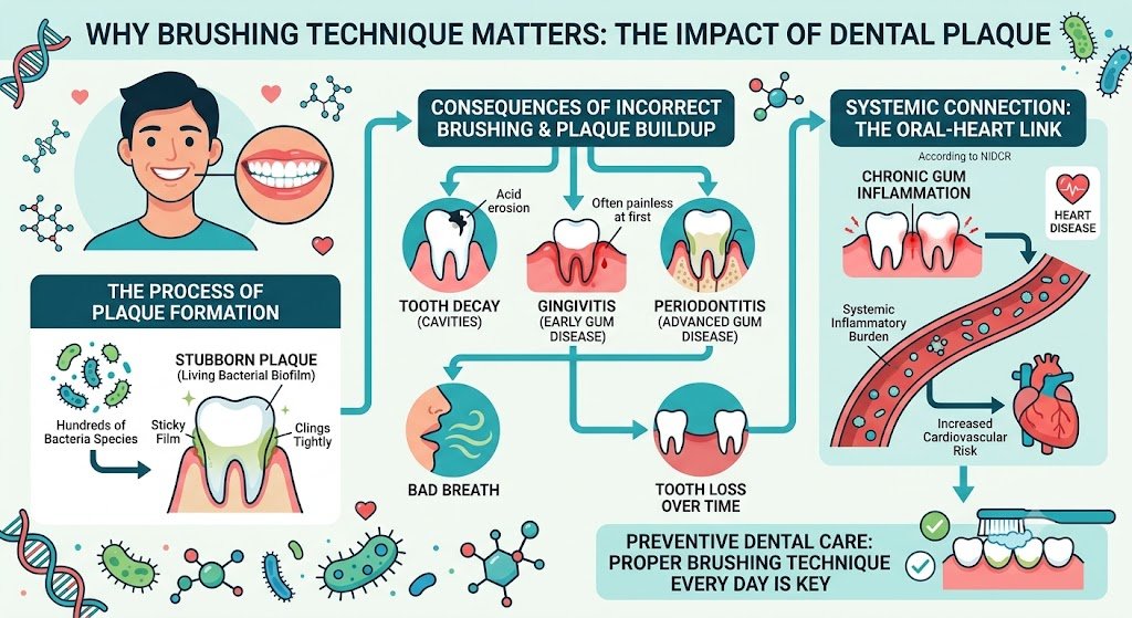 Are You Brushing Your Teeth the Wrong Way? What Science Really Says About Bass, Modified Bass, and Fones Brushing Techniques 4 Infographic on why brushing technique matters, tracing plaque formation through tooth decay and gum disease to tooth loss