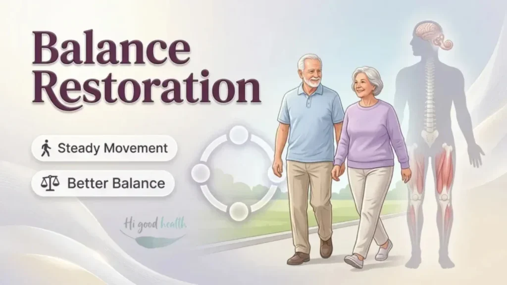 The 4-Phase Balance Restoration Protocol |Part 2 2 Older couple walking beside an anatomical figure showing the muscles used for balance, headed Balance Restoration