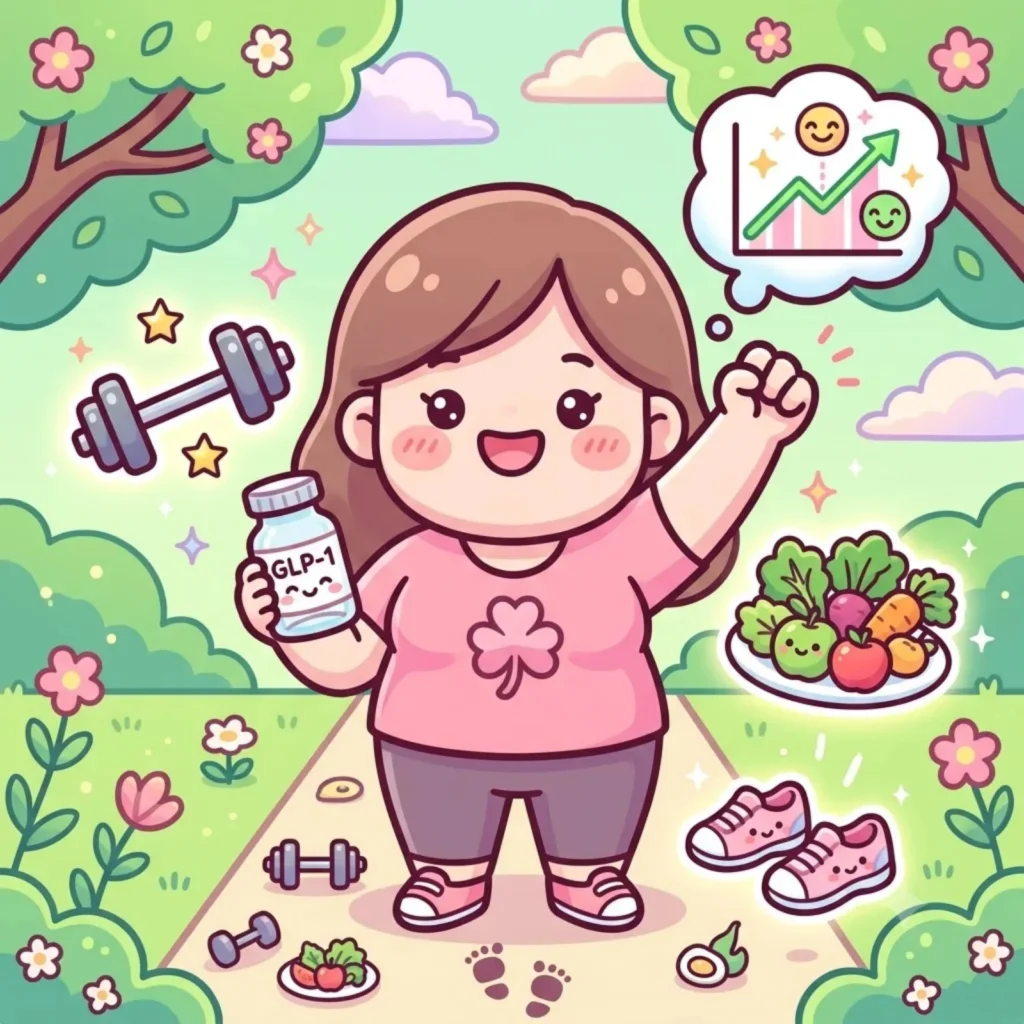 Cartoon woman holding a GLP-1 medicine bottle, surrounded by dumbbells, fresh fruit and walking shoes