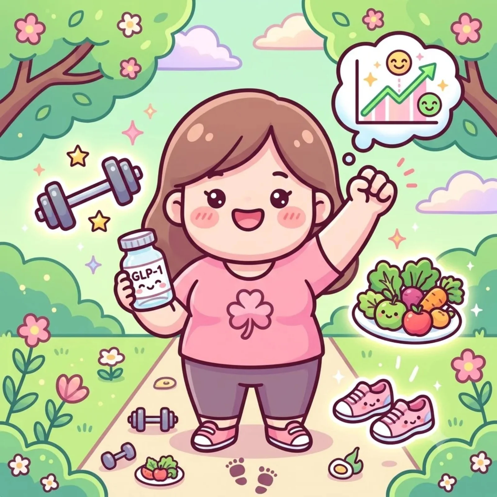 Cartoon woman holding a GLP-1 medicine bottle, surrounded by dumbbells, fresh fruit and walking shoes