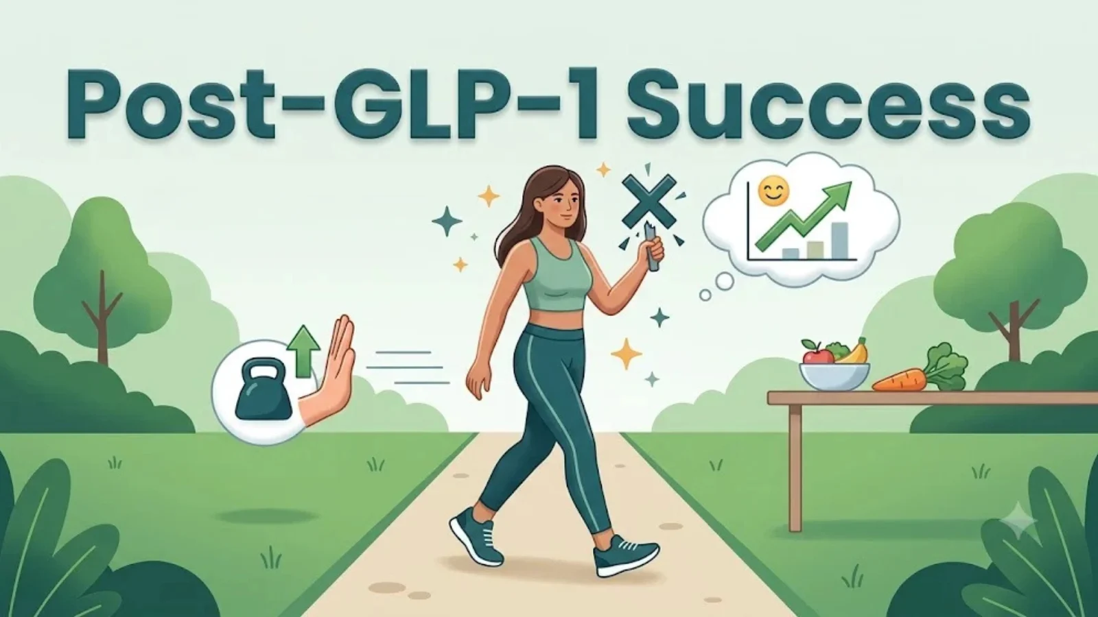 Illustration of a woman walking past a kettlebell towards fresh food, under the heading Post-GLP-1 Success