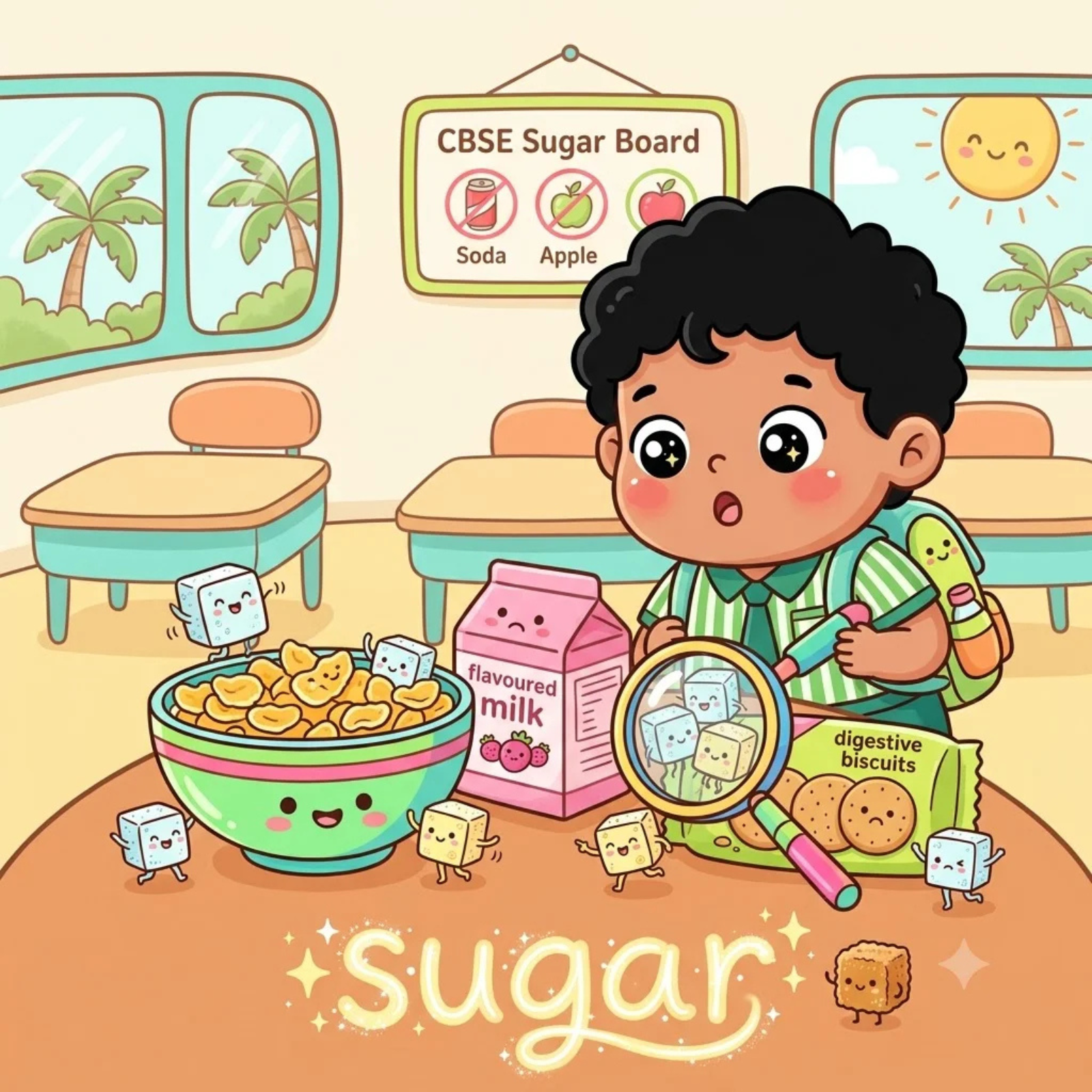 Cartoon schoolchild beside a CBSE sugar board with flavoured milk and biscuits, illustrating hidden sugar in everyday food