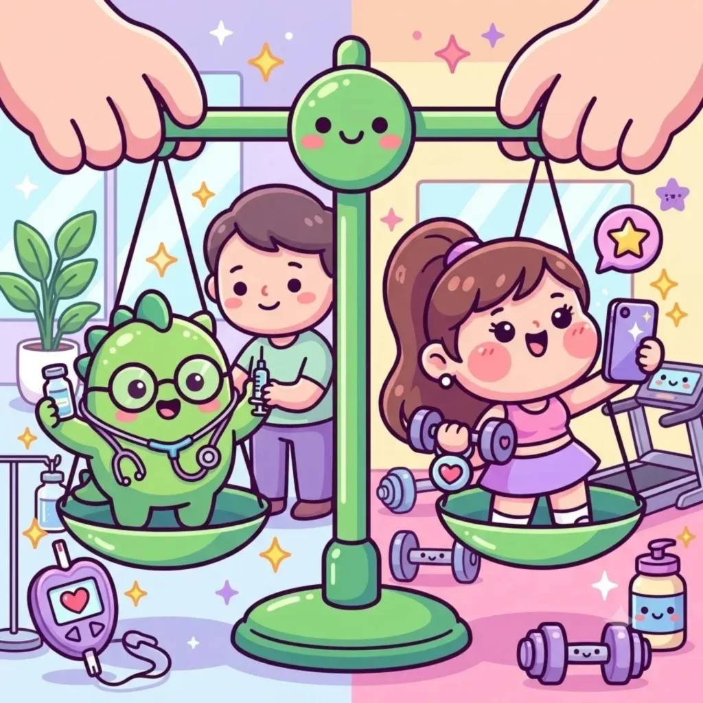 Cartoon balance scale weighing a medicine character against a girl with a phone and dumbbell, illustrating weight-drug ethics