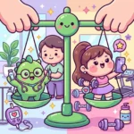 Cartoon balance scale weighing a medicine character against a girl with a phone and dumbbell, illustrating weight-drug ethics