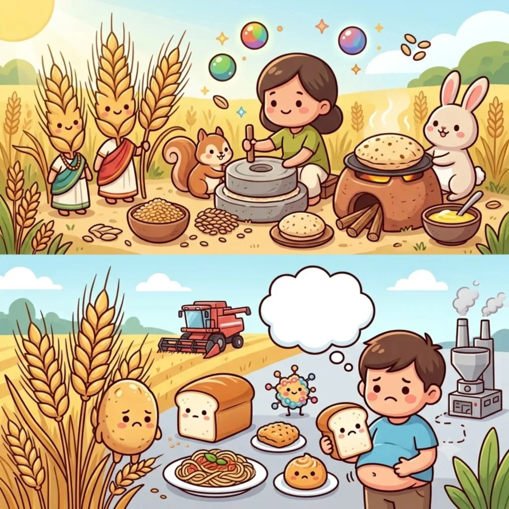 Cartoon comparing traditional wheat harvesting and stone milling with modern combine harvesting and packaged bread