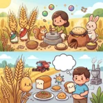 Cartoon comparing traditional wheat harvesting and stone milling with modern combine harvesting and packaged bread