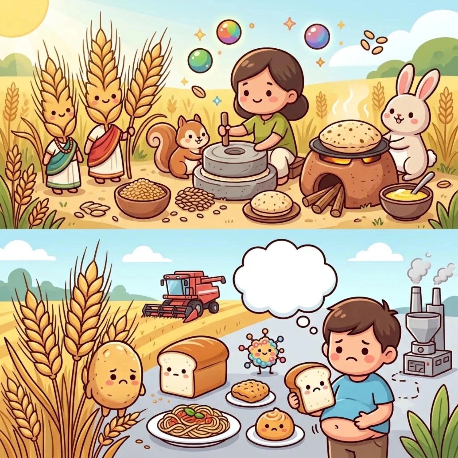 Cartoon comparing traditional wheat harvesting and stone milling with modern combine harvesting and packaged bread