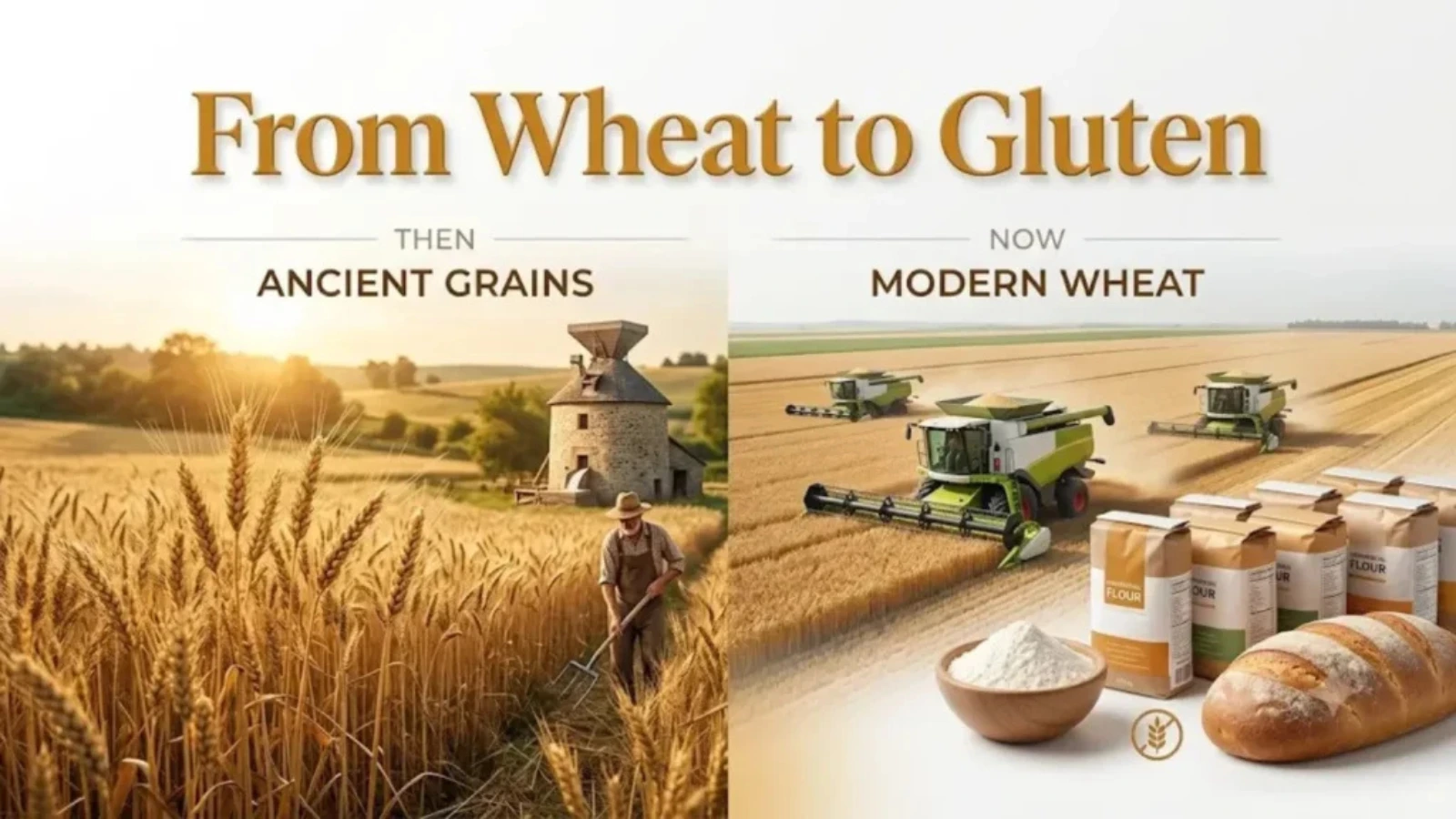 Then-and-now comparison of ancient grain farming and modern industrial wheat, headed From Wheat to Gluten