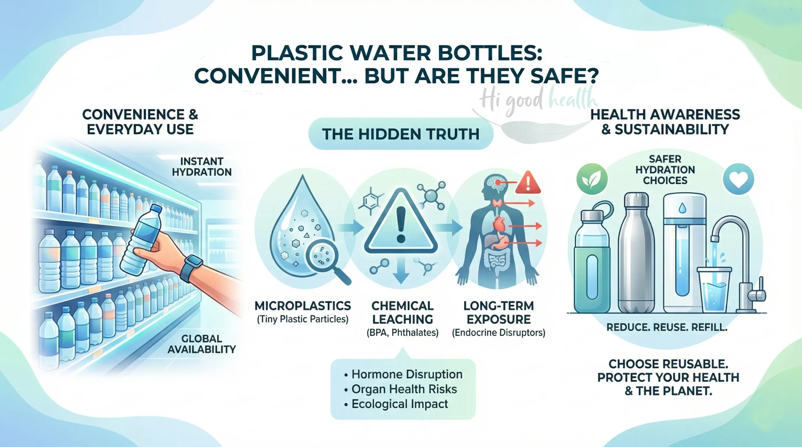 Infographic asking whether plastic water bottles are safe, tracing the hidden path from microplastics and chemical leaching of BPA and phthalates to long-term endocrine effects, and pointing to reusable steel, glass and filtered alternatives