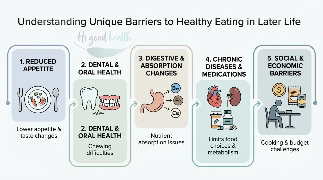 Five barriers to healthy eating in later life: reduced appetite and taste changes, dental and chewing difficulties, digestive and absorption changes, chronic disease and medications, and social and economic constraints