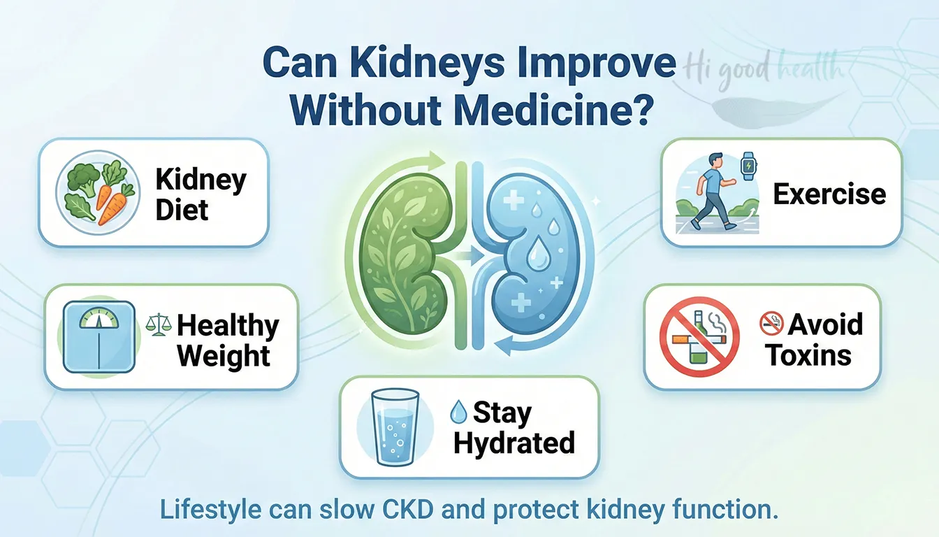 Your Kidney Guardians: What to Eat, What to Avoid, and Why It Matters (Especially with High Creatinine!) 6 Infographic on whether kidneys can improve without medicine, covering diet, healthy weight, hydration, exercise and avoiding toxins
