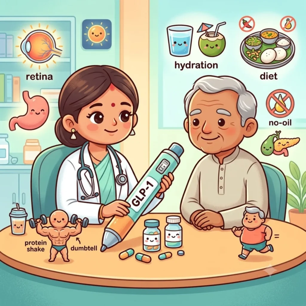 Cartoon Indian doctor holding a GLP-1 injector pen with an older patient, surrounded by retina, hydration and protein icons