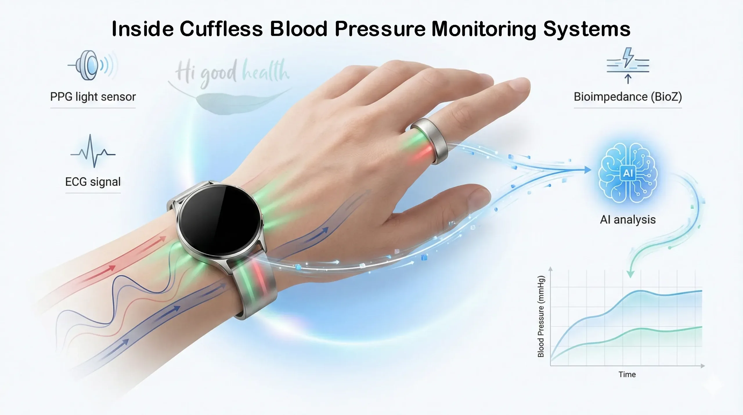 Infographic of how cuffless blood-pressure monitoring works, using PPG light sensors, ECG signals and bioimpedance with AI analysis