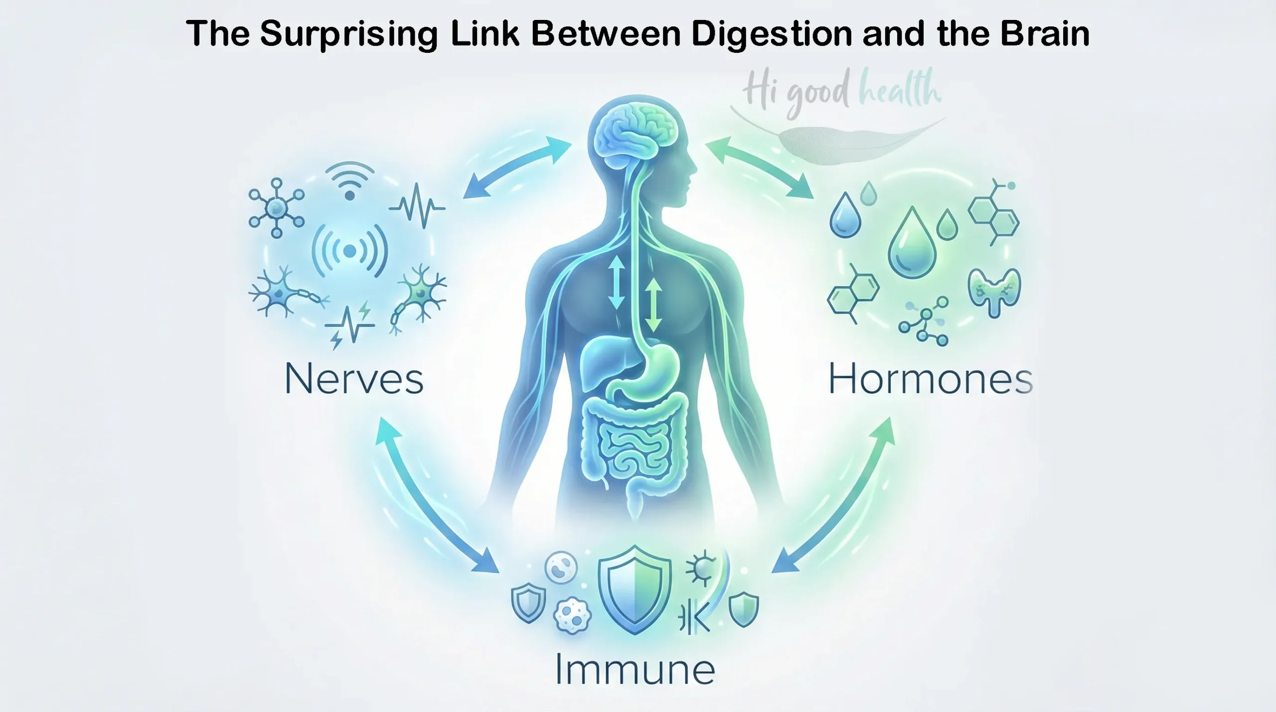 Diagram of the surprising link between digestion and the brain, showing the three channels the gut uses to communicate: nerves, hormones and the immune system