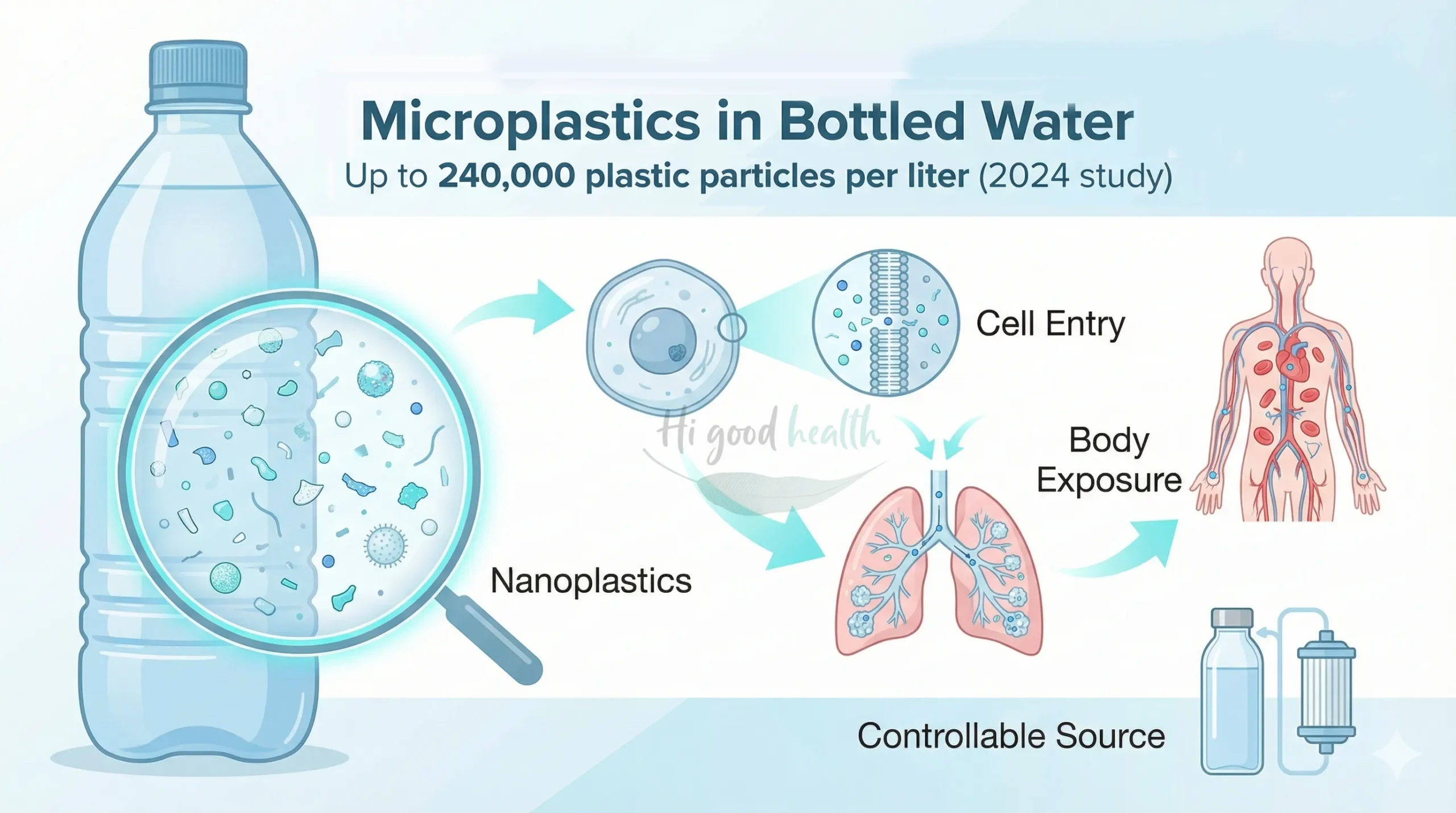 Diagram of microplastics in bottled water, citing a 2024 study finding up to 240,000 plastic particles per litre, and showing how nanoplastics enter cells and reach the lungs and bloodstream