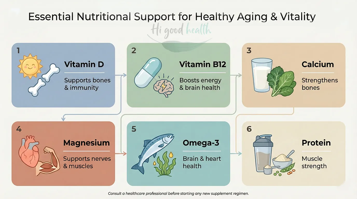Six nutrients that support healthy ageing: vitamin D for bones and immunity, vitamin B12 for energy and brain health, calcium for bones, magnesium for nerves and muscles, omega-3 for brain and heart, and protein for muscle strength