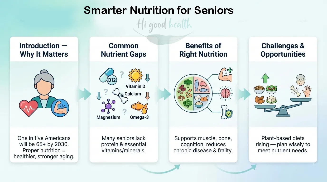 Four-panel graphic on smarter nutrition for seniors: why it matters as populations age, common gaps in B12, vitamin D, calcium, magnesium and omega-3, the benefits of getting nutrition right, and the challenges of plant-based eating