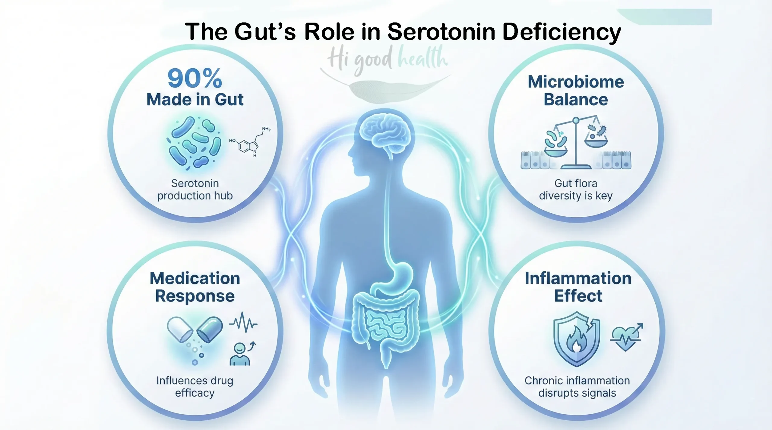 Diagram of the gut's role in serotonin deficiency: around 90 percent of serotonin is made in the gut, with microbiome balance, medication response and chronic inflammation each affecting production