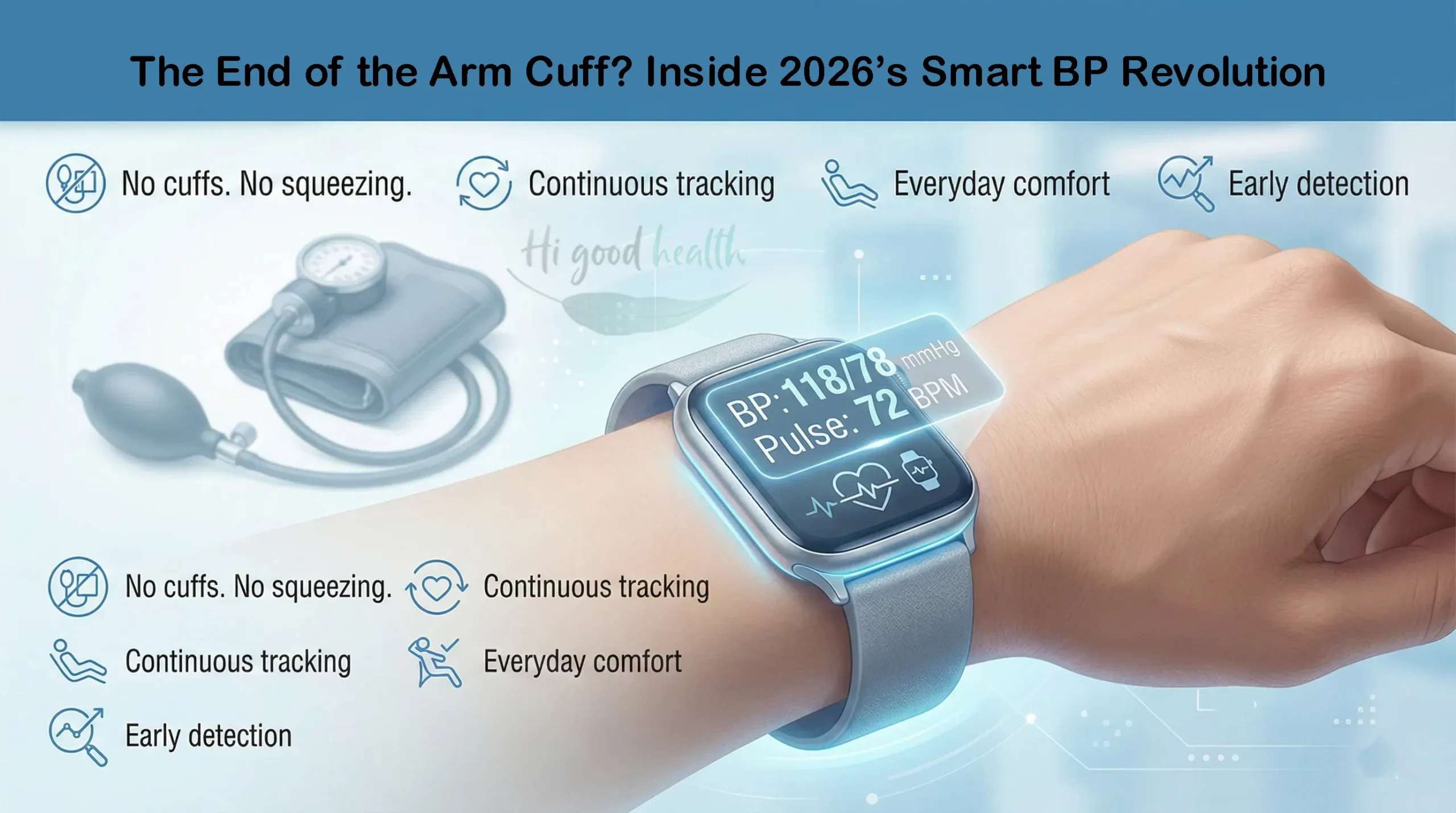 Infographic on the smart blood-pressure revolution, showing a cuffless watch reading with continuous tracking and early detection