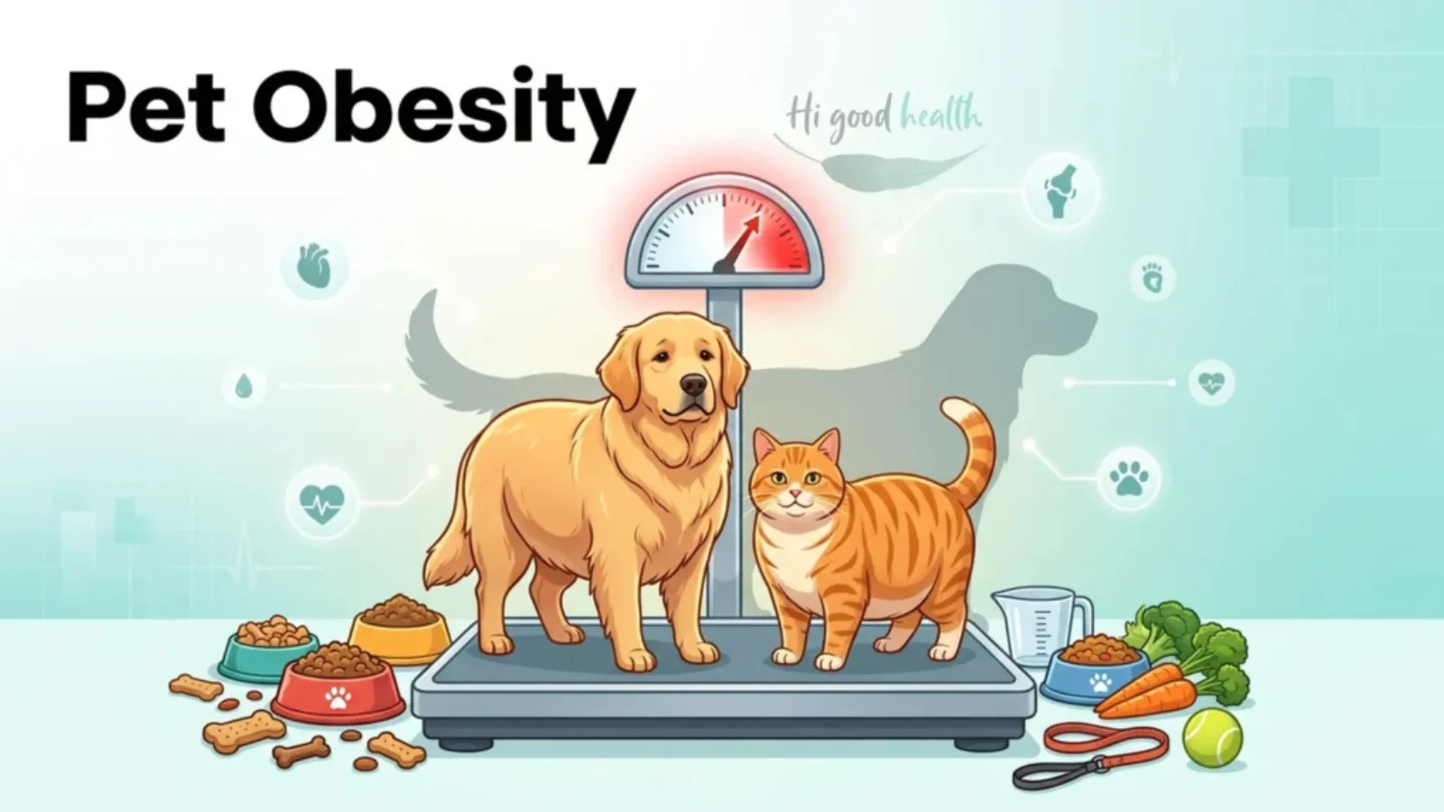 An overweight golden retriever and ginger cat standing on a vet weighing scale with the needle in the red, surrounded by food bowls, treats, a lead and fresh vegetables, titled Pet Obesity