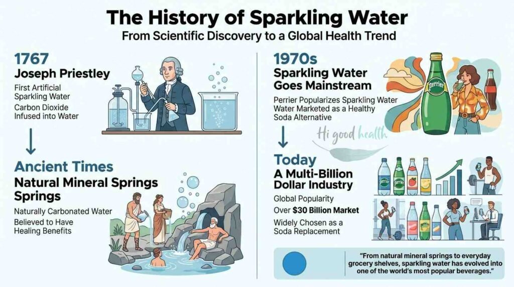 Soda and Sparkling Water in India: Is the Daily Fizz Doing Any Harm? 3 Timeline of sparkling water from ancient mineral springs and Joseph Priestley in 1767, through Perrier going mainstream in the 1970s, to today's multi-billion-dollar industry