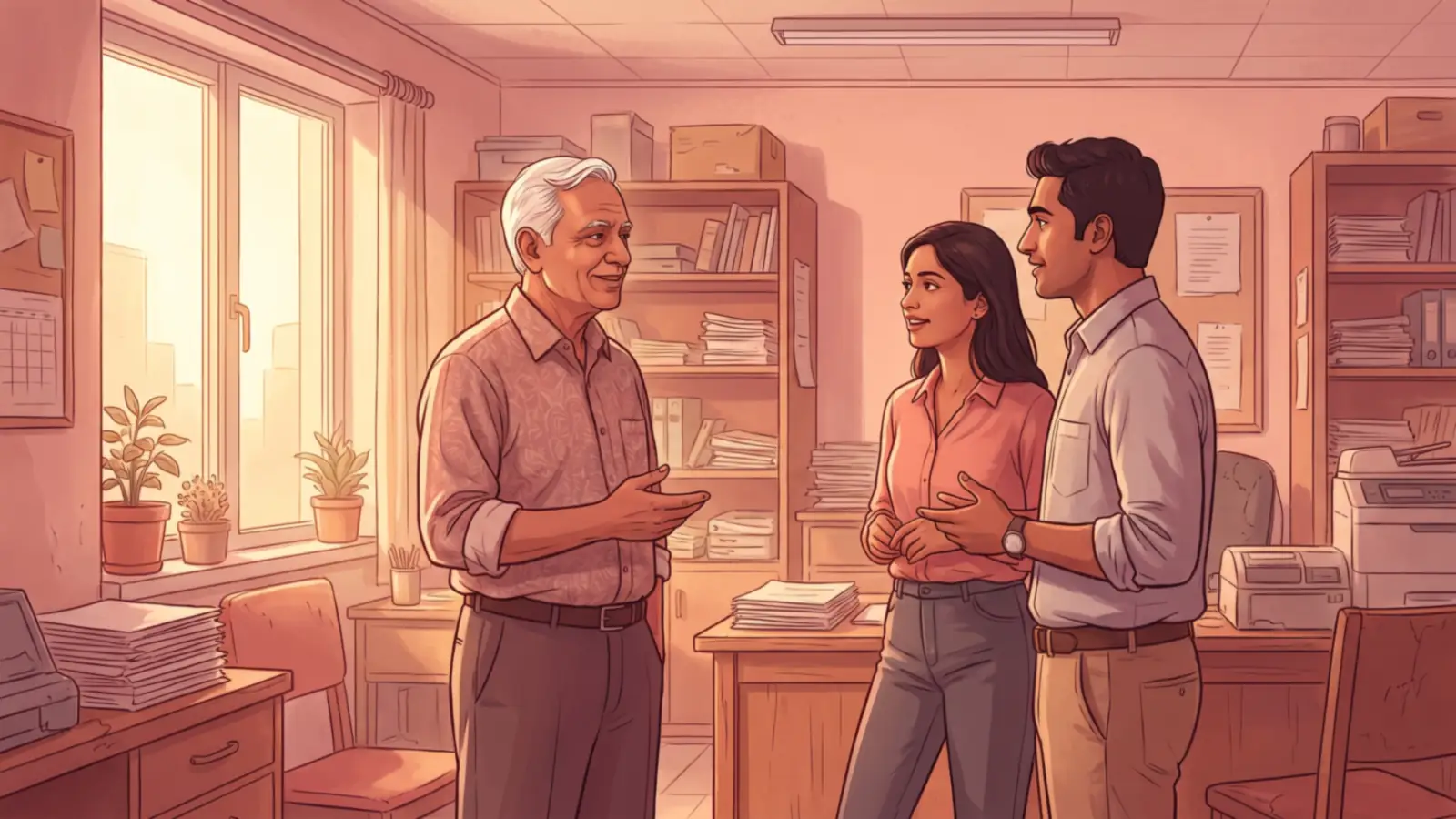 If Ageing Slows Down, Will Retirement Even Exist? | Reverse Ageing | Part 3 2 An Indian man in his early sixties, white-haired and healthy, talking with two younger colleagues in an ordinary Indian office — still working and still capable, which is the question the retirement age was never designed to answer
