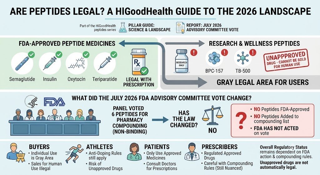 Infographic: approved peptide medicines are legal on prescription while research peptides such as BPC-157 and TB-500 remain unapproved, and what the July 2026 advisory vote did and did not change for buyers, athletes, patients and prescribers
