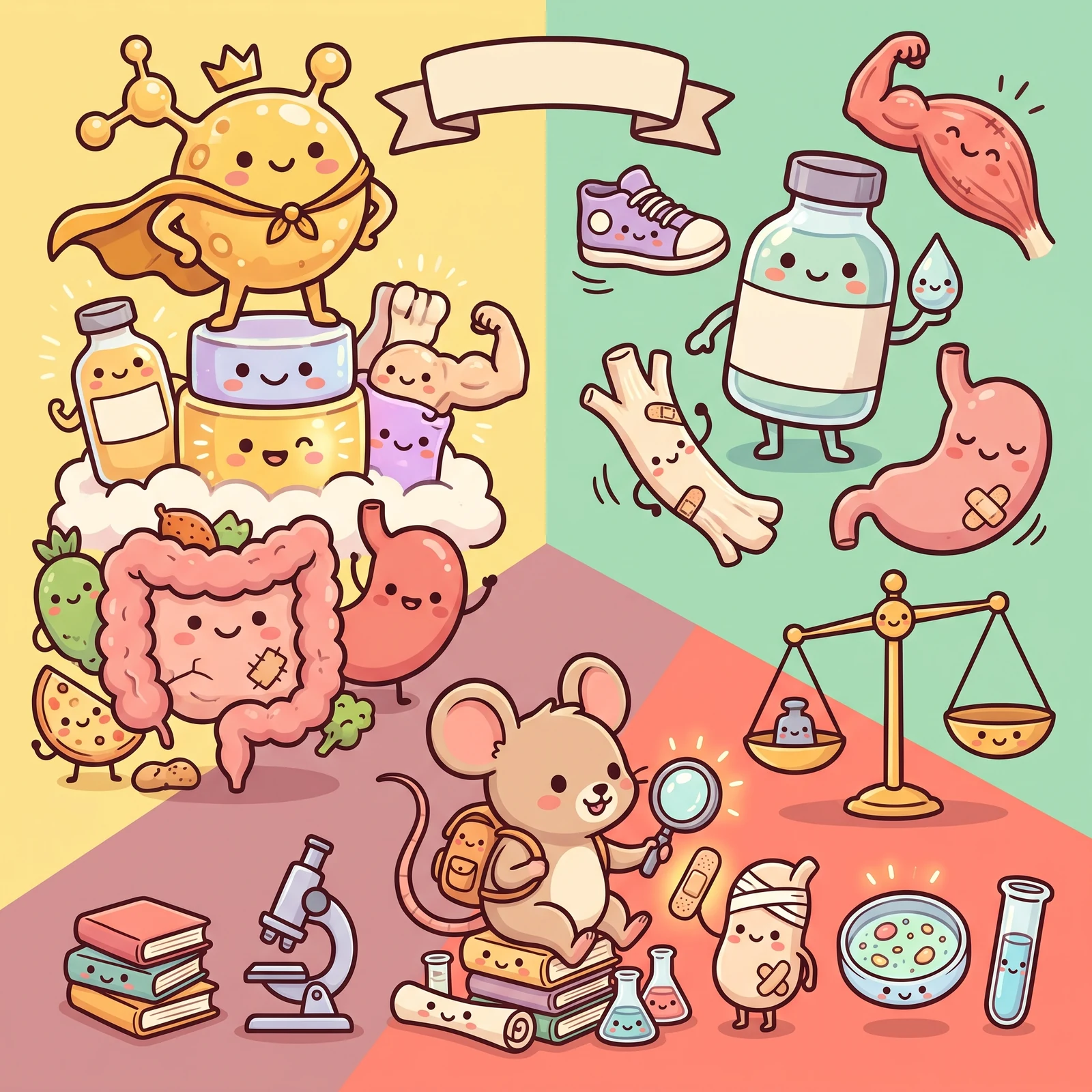 A cheerful cartoon card in three parts: a caped hero molecule on a cloud standing for the big claims, healing muscle, bone and stomach characters, and below a small mouse with books and a magnifying glass standing for the small pile of evidence.