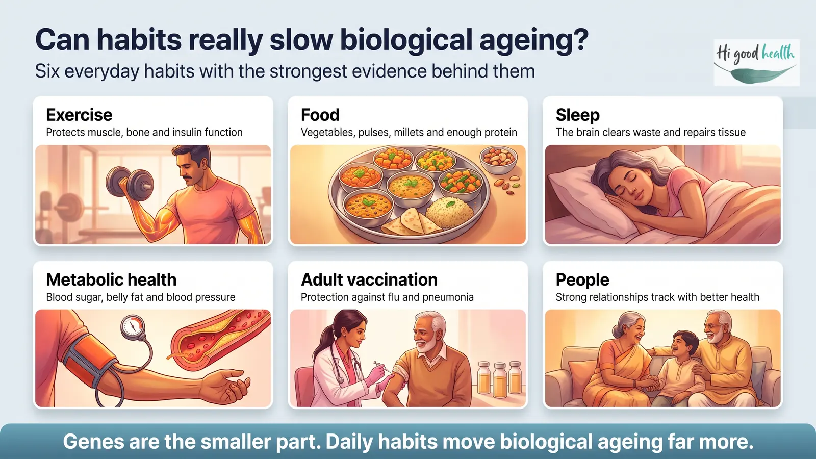 Will We Really Live to 100+ and Stay Young While Doing It? | Reverse Ageing | Part 2 4 Six everyday habits with the strongest evidence behind them for slowing biological ageing: exercise protects muscle, bone and insulin function; food built on vegetables, pulses, millets and enough protein; sleep, during which the brain clears waste and repairs tissue; metabolic health covering blood sugar, belly fat and blood pressure; adult vaccination against flu and pneumonia; and strong relationships