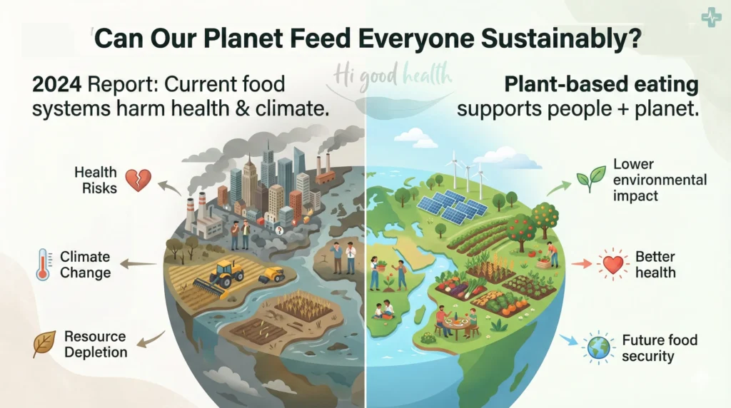 Split-globe infographic asking whether the planet can feed everyone sustainably, contrasting the health, climate and resource harms of current food systems with the lower environmental impact of plant-based eating