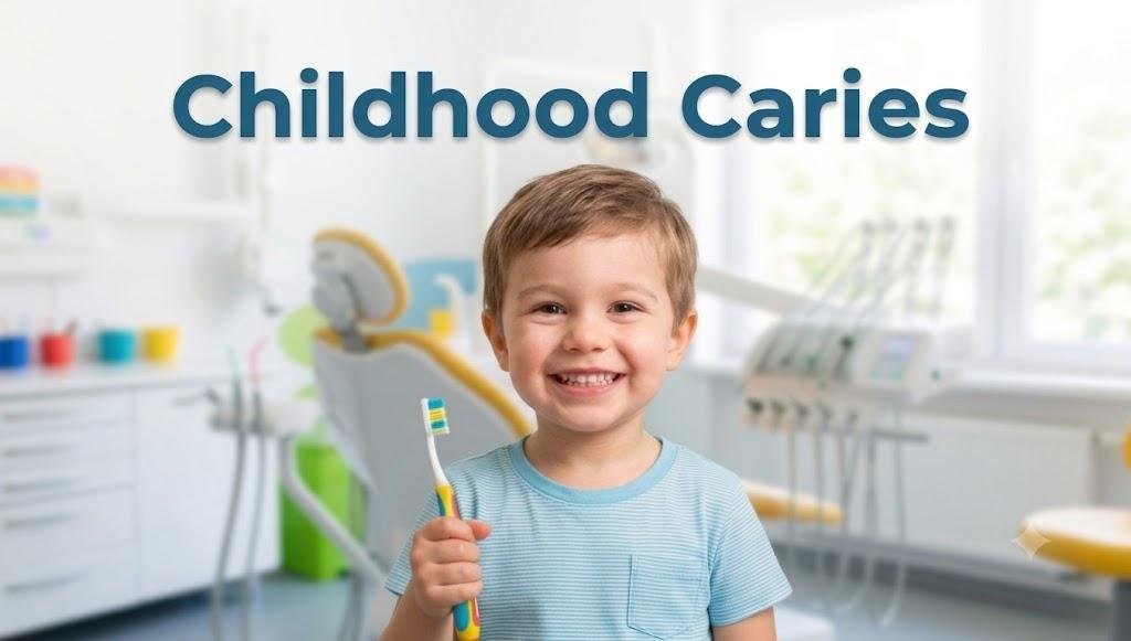A smiling toddler holding a toothbrush in a bright dental surgery, under the heading Childhood Caries.