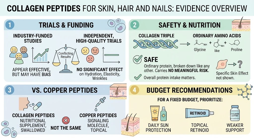 Four-panel evidence overview: industry-funded collagen trials appear effective but may be biased while independent high-quality trials show no significant effect on hydration, elasticity or wrinkles; collagen is safe and is broken down into ordinary amino acids like any other protein; collagen peptides are a swallowed nutritional supplement and copper peptides are a topical signalling molecule, not the same thing; and on a fixed budget daily sun protection and a topical retinoid come before any supplement.