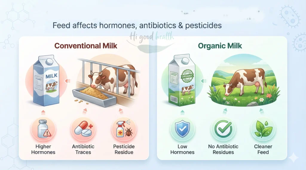 Is Your Milk Really Safe? What Actually Contaminates Indian Milk, and What Boiling Cannot Fix 4 Infographic comparing conventional and organic milk for hormones, antibiotics and pesticide residues