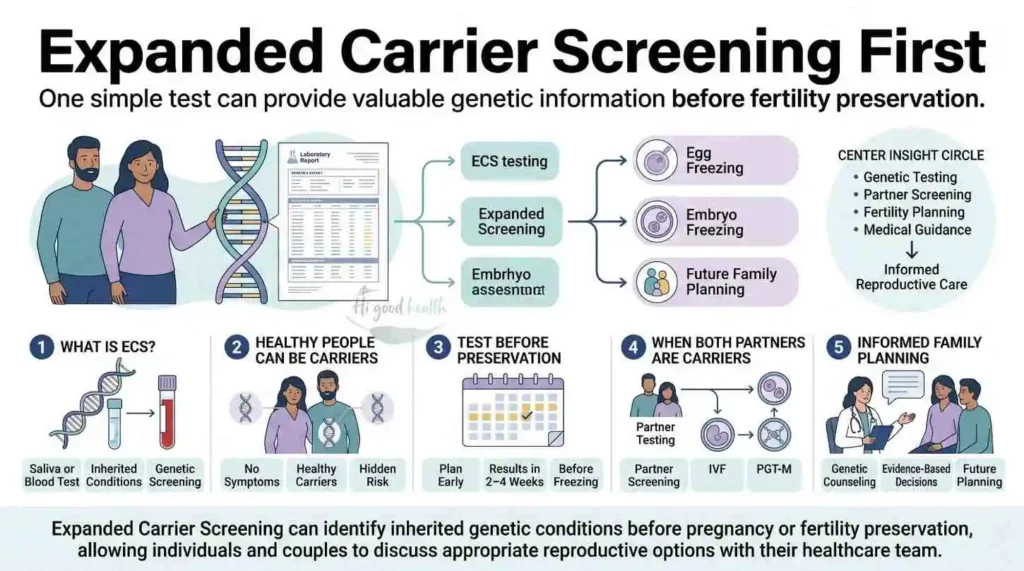 Infographic on expanded carrier screening before fertility preservation: what ECS is, how healthy people can be carriers, testing before preservation, what happens when both partners are carriers, and informed family planning