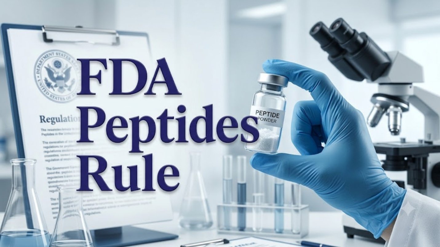 FDA regulatory paperwork on a clipboard beside a peptide powder vial and a microscope in a laboratory, headed FDA Peptides Rule