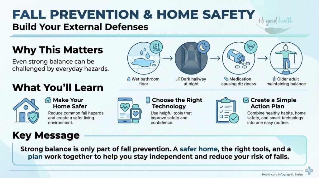 Infographic on fall prevention and home safety: everyday hazards such as a wet bathroom floor, a dark hallway at night and dizziness from medication, and the three parts of the plan — a safer home, the right technology and a simple action plan