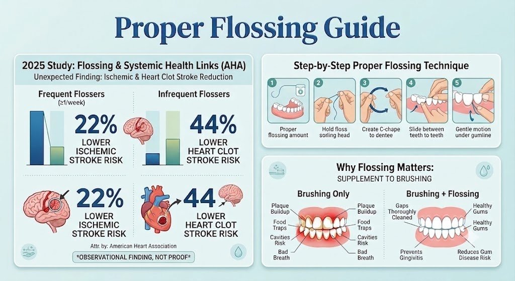 Cleaning Between Your Teeth: Floss, Interdental Brushes, and Why Not a Toothpick 5 Infographic: a 2025 American Heart Association study linking frequent flossing to 22 percent lower ischemic stroke risk and 44 percent lower heart-clot stroke risk, a five-step flossing technique, and a brushing-only versus brushing-plus-flossing comparison