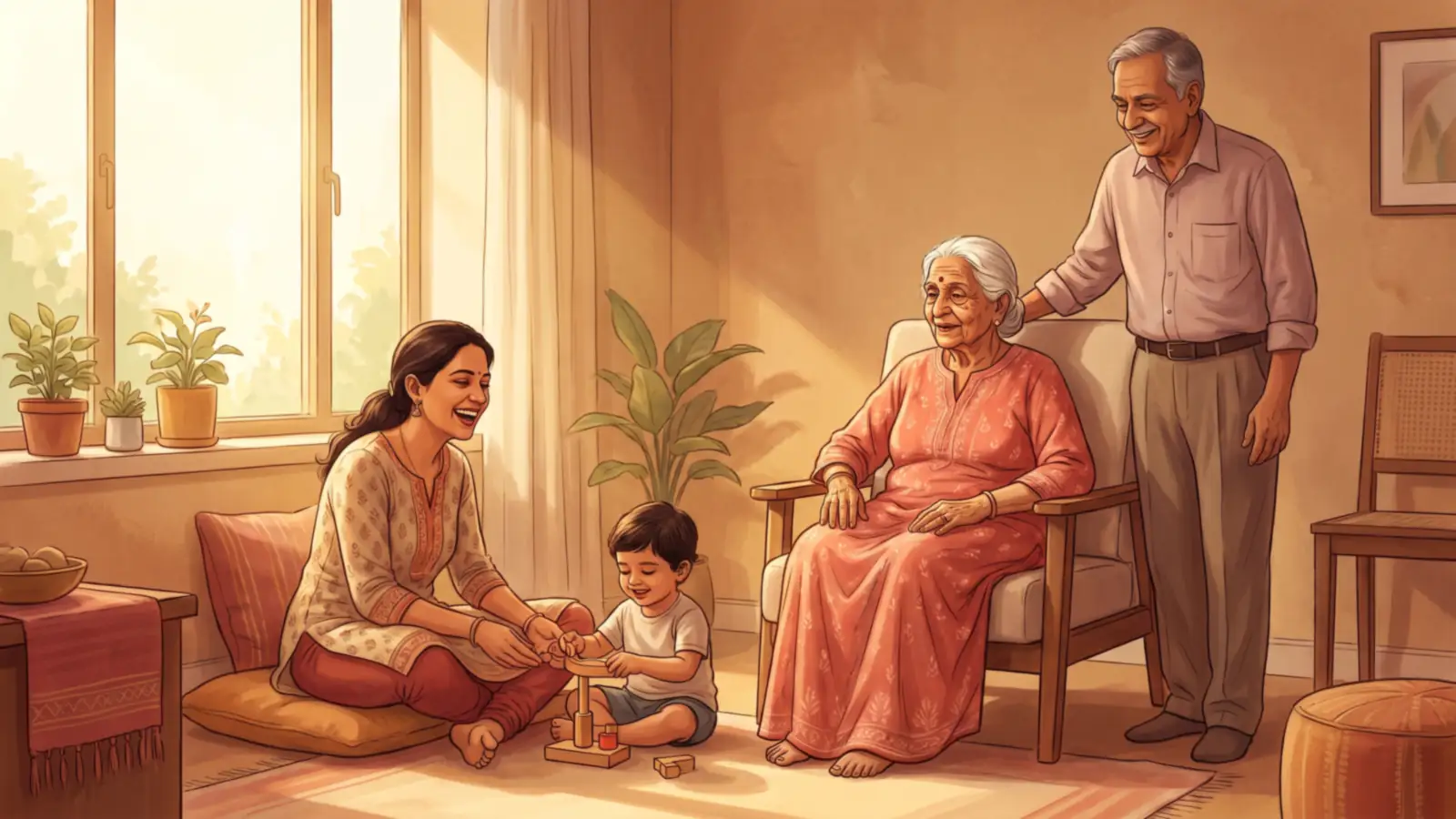 Will We Really Live to 100+ and Stay Young While Doing It? | Reverse Ageing | Part 2 2 Four generations of an Indian family at home together — a great-grandmother in her nineties sitting upright and alert, her son in his sixties, his daughter, and a young child, illustrating the question of whether the extra years India has gained are healthy ones