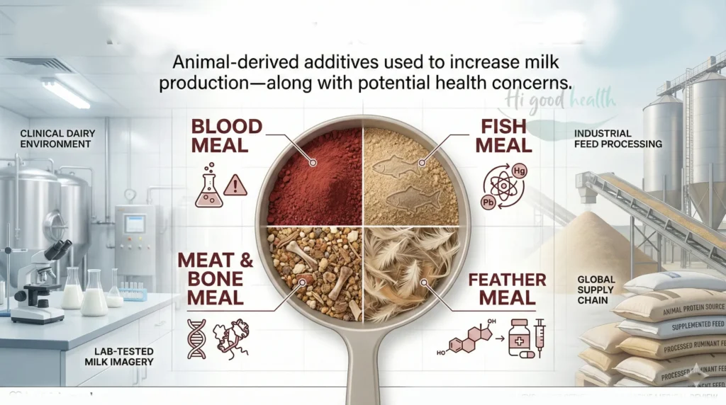 Is Your Milk Really Safe? What Actually Contaminates Indian Milk, and What Boiling Cannot Fix 3 Infographic on hidden animal-derived ingredients in modern cattle feed, including blood meal, fish meal and meat byproducts