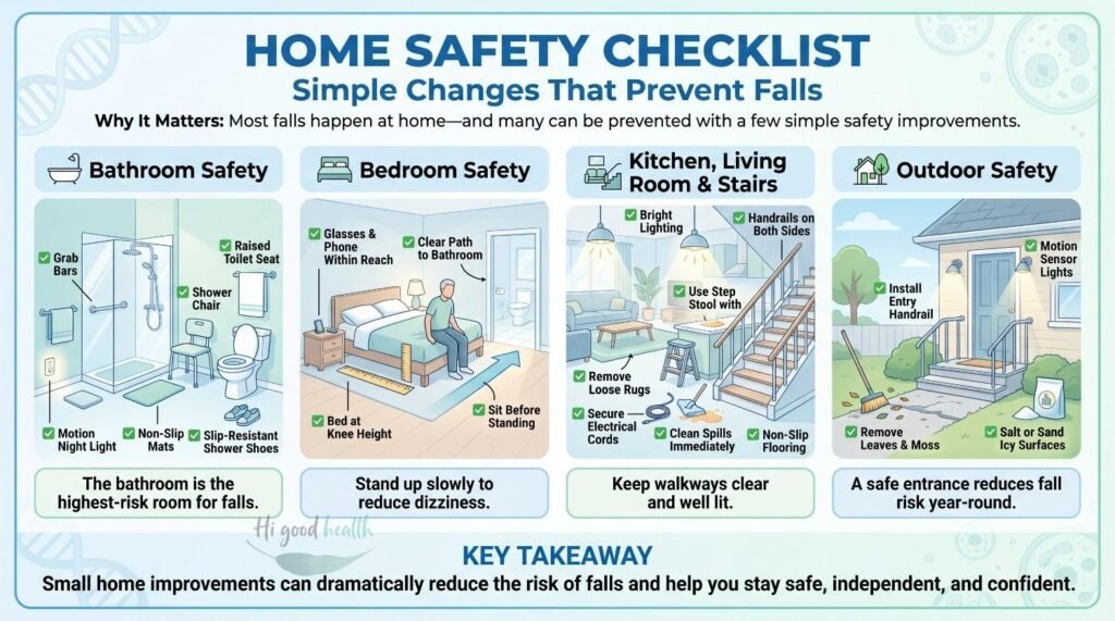Infographic home safety checklist to prevent falls, room by room: bathroom, bedroom, kitchen, living room and stairs, and outdoor safety, with grab bars, non-slip mats, clear walkways, bright lighting and handrails
