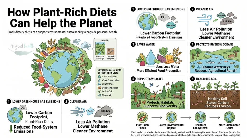 Infographic on how plant-rich diets help the planet through lower greenhouse gas emissions, cleaner air, water savings, protected rivers and oceans, wildlife habitat and healthier soil
