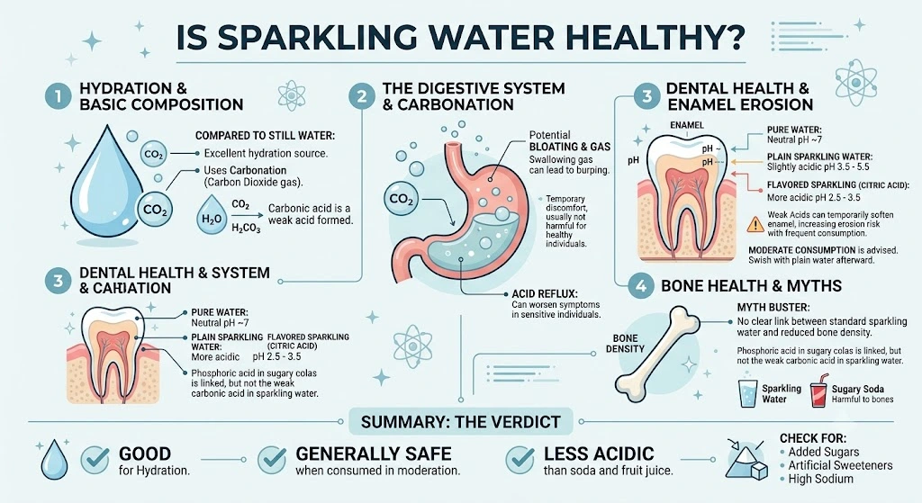 Soda and Sparkling Water in India: Is the Daily Fizz Doing Any Harm? 4 Infographic on whether sparkling water is healthy, covering hydration and carbonation, bloating and acid reflux, enamel erosion by pH, and bone density myths