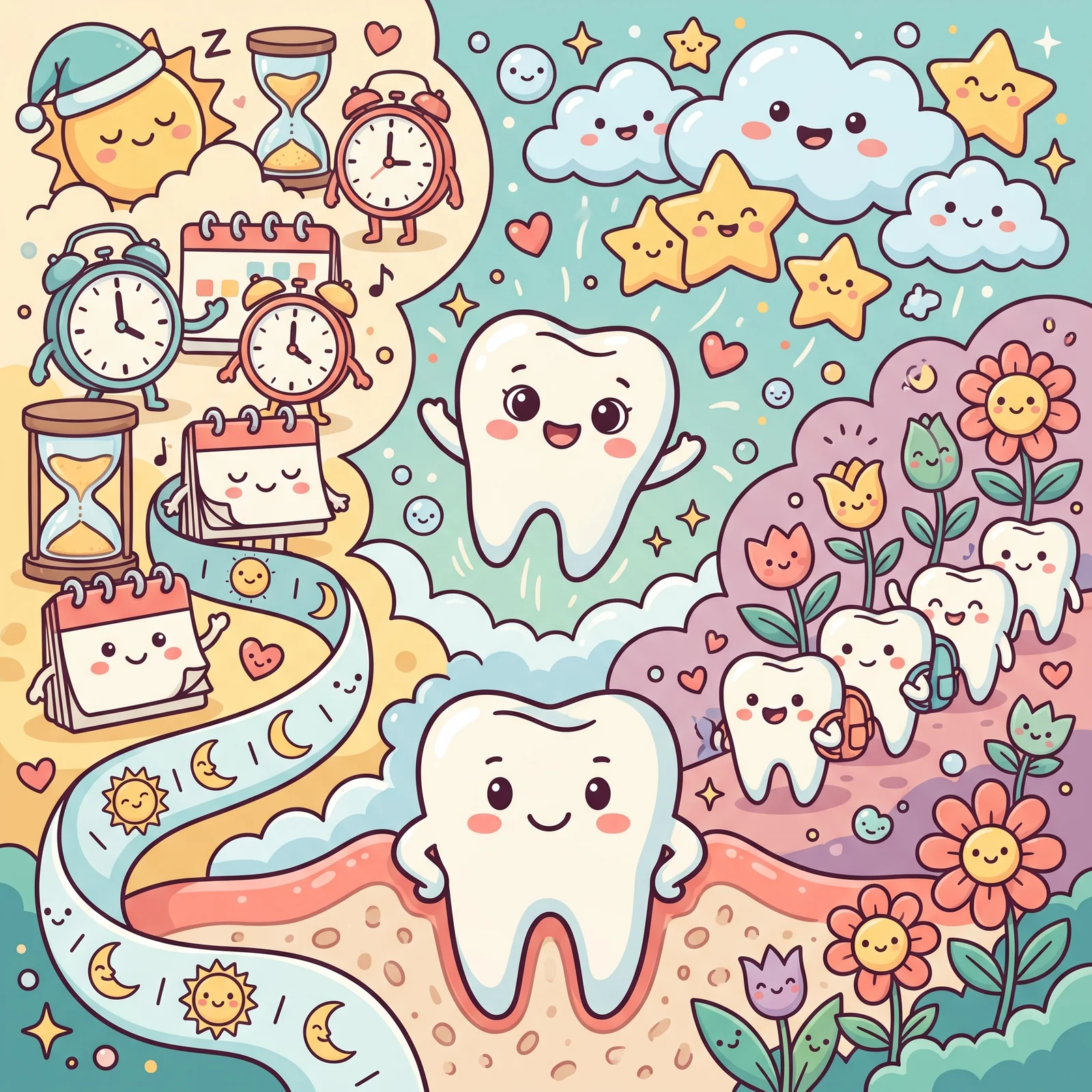 Cartoon illustration: a smiling tooth character with its arms raised, another tooth emerging from the gum below it, clocks, an hourglass and calendars on one side showing the wait, and small teeth walking along a path among flowers on the other