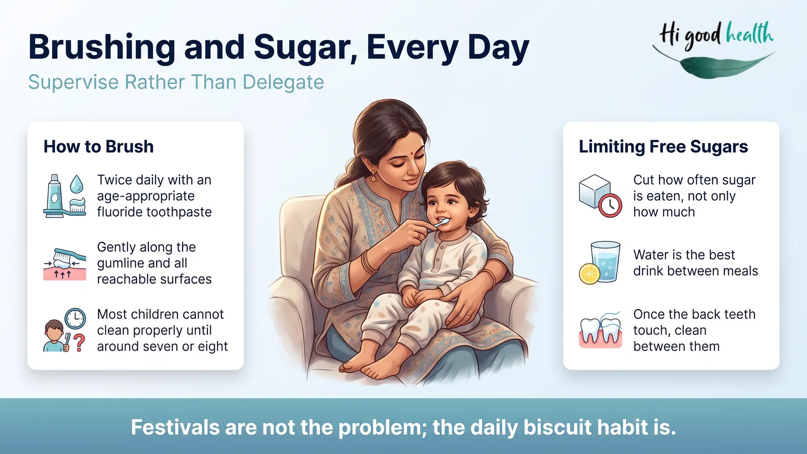 Infographic on parent-assisted toothbrushing and limiting free sugars, including the daily biscuit habit
