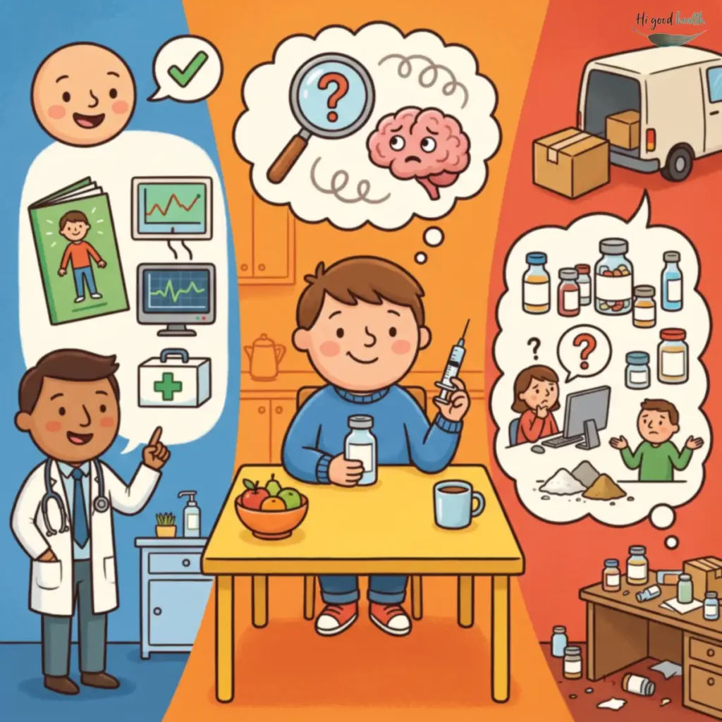 Cartoon card in three coloured zones: a doctor beside monitors and a first-aid kit, where side effects are known and watched; a person injecting themselves at a kitchen table; and a grey-market scene of unlabelled vials, loose powders and a delivery van with question marks over it.