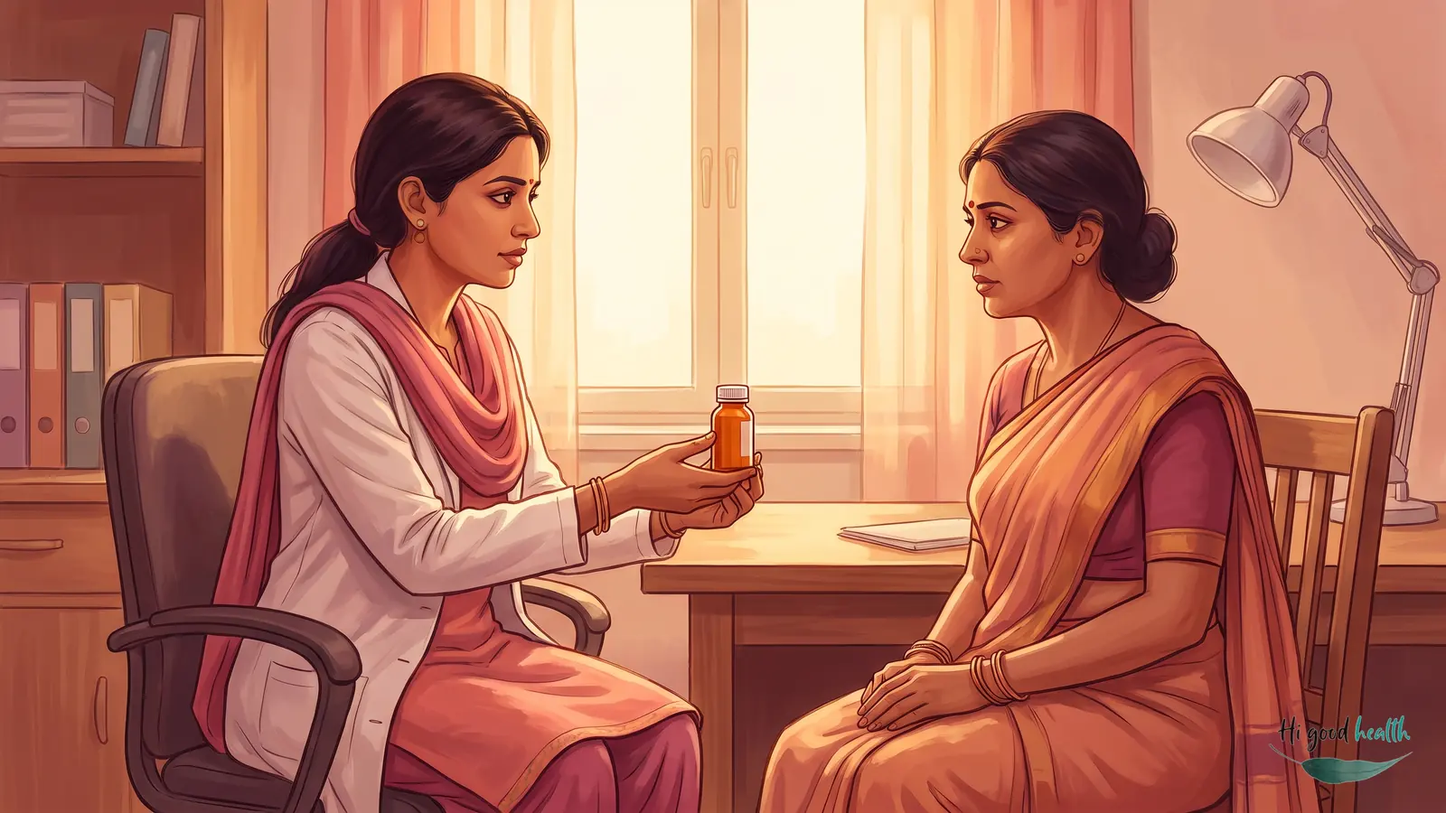 An Indian doctor in a white coat sits across a desk from a woman patient in a sari and holds out a medicine bottle to her, in a calm consulting room with a window behind them.