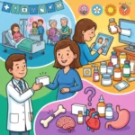 Cartoon card in coloured zones: a doctor hands a woman a prescription box beside a hospital bed and an older couple, while on the other side a woman scrolls a screen surrounded by shelves of unlabelled bottles and sachets, and a bone, brain, heart and stomach sit beneath a large question mark.