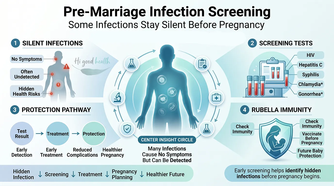 Infographic on pre-marriage infection screening, covering silent infections, screening tests and rubella immunity